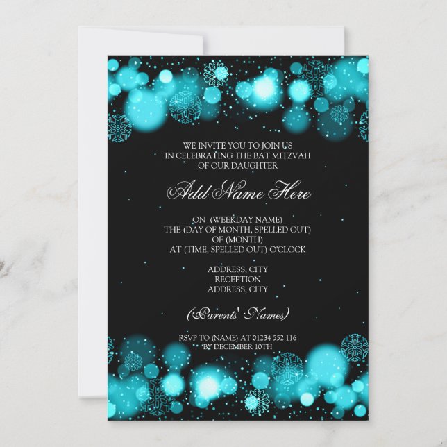 Winter Bat Mitzvah Turquoise Snowflakes Lights Invitation (Front)