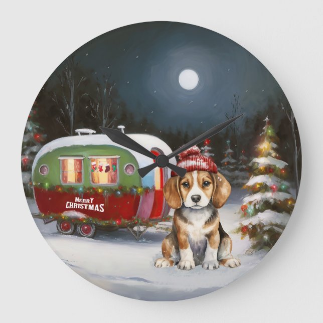 Winter Beagle Caravan Christmas Adventure  Large Clock (Front)