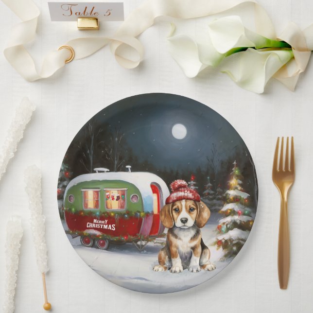 Winter Beagle Caravan Christmas Adventure  Paper Plate (Wedding)