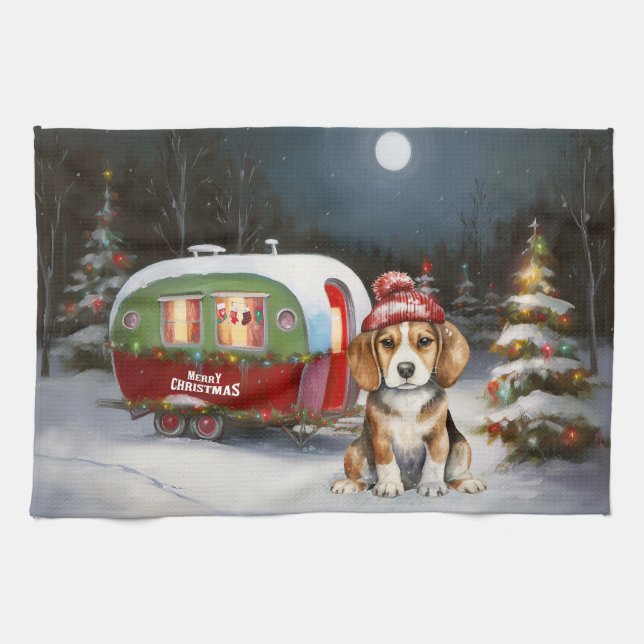 Winter Beagle Caravan Christmas Adventure  Tea Towel (Horizontal)