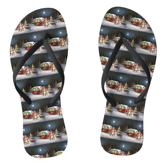 Winter Beagle Caravan Christmas Adventure  Thongs (Footbed)