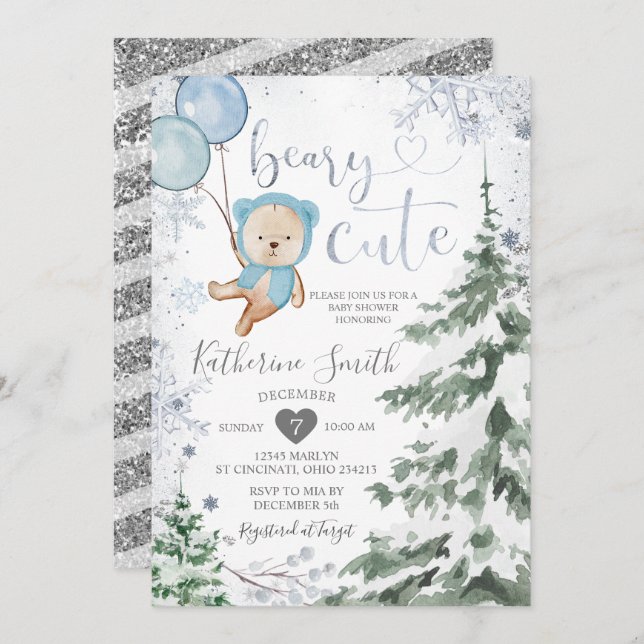 Winter Bear Baby Shower Forest Snowflakes Balloon Invitation (Front/Back)