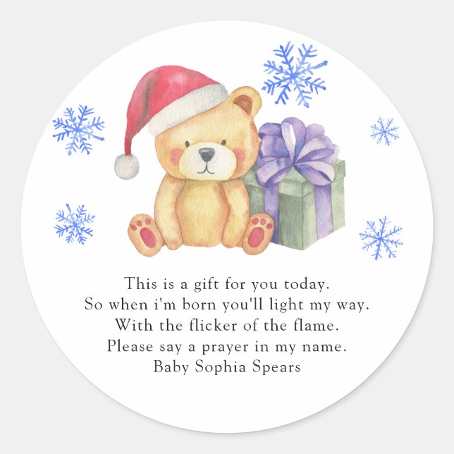 Winter bear baby shower - Prayer candle label (Front)