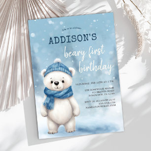 Winter Bear Blue Boy First Birthday Invitation