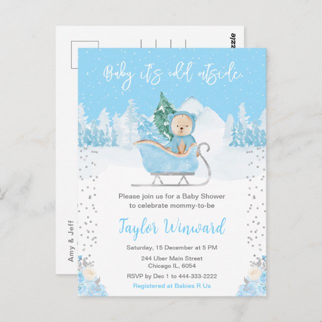 Winter Bear Blue Sleigh Baby Shower Postcard (Front/Back)