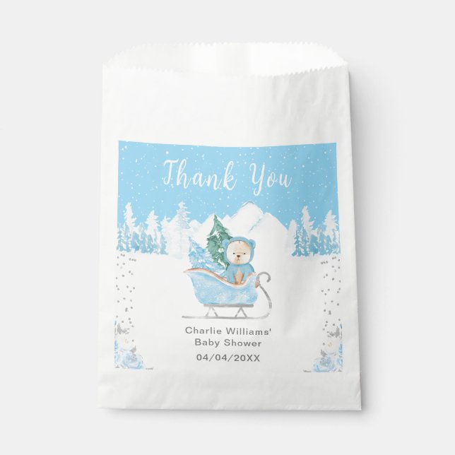 Winter Bear Blue Sleigh Baby Shower Thank You Favour Bag (Front)