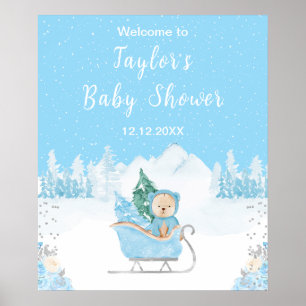 Winter Bear Blue Sleigh Baby Shower Welcome Poster