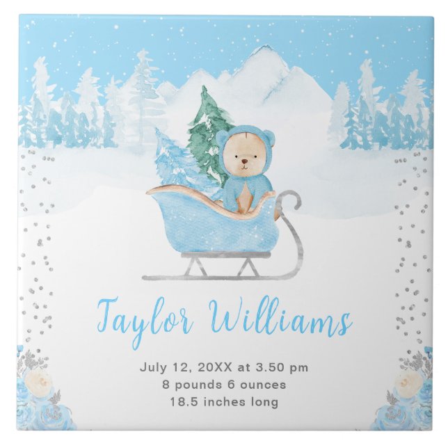 Winter Bear Blue Sleigh Birth Statistics Ceramic Tile (Front)