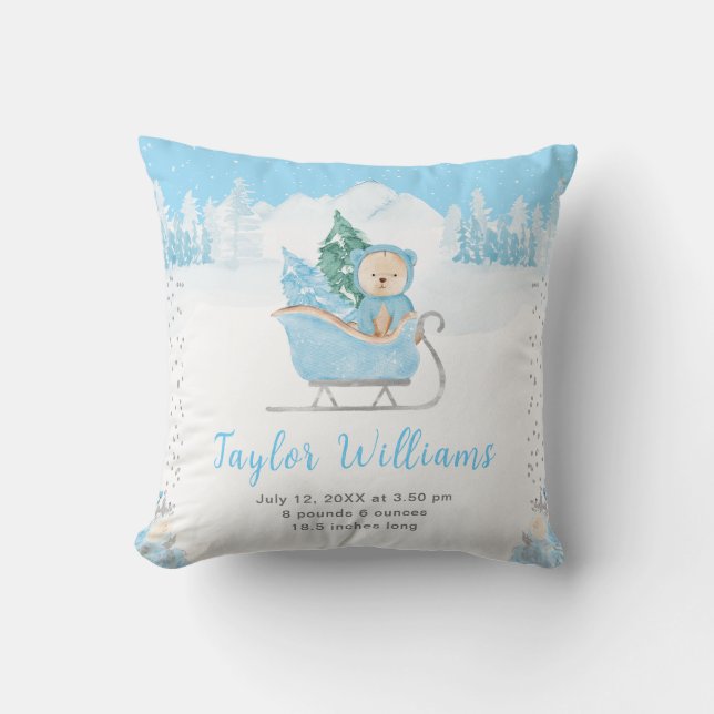 Winter Bear Blue Sleigh Birth Statistics Cushion (Front)
