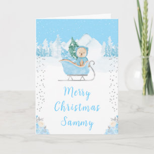 Winter Bear Blue Sleigh Merry Christmas Holiday Card