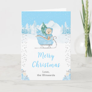Winter Bear Blue Sleigh Merry Christmas Holiday Card