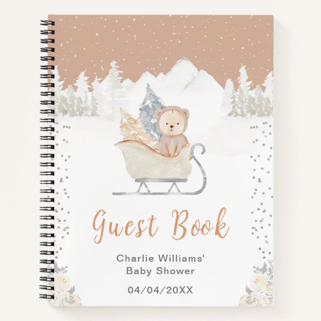 Winter Bear Brown Sleigh Baby Shower Guest Book (Front)