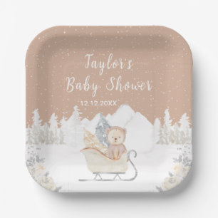Winter Bear Brown Sleigh Baby Shower Paper Plate
