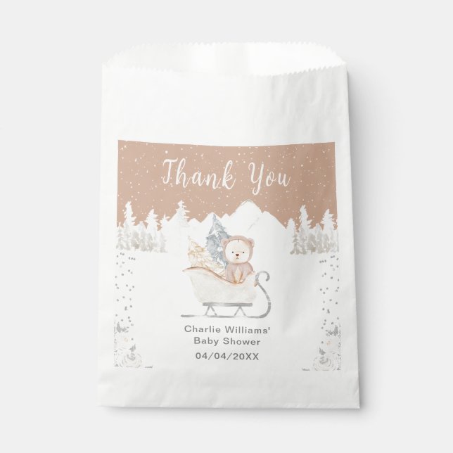 Winter Bear Brown Sleigh Baby Shower Thank You Favour Bag (Front)