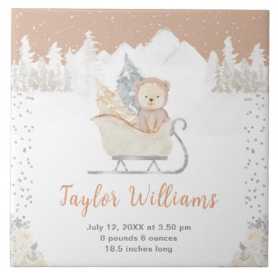 Winter Bear Brown Sleigh Birth Statistics Ceramic Tile