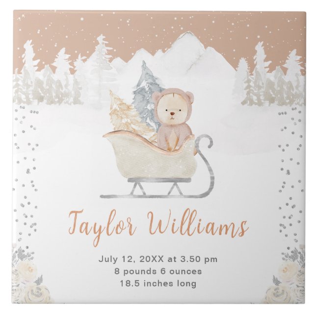 Winter Bear Brown Sleigh Birth Statistics Ceramic Tile (Front)