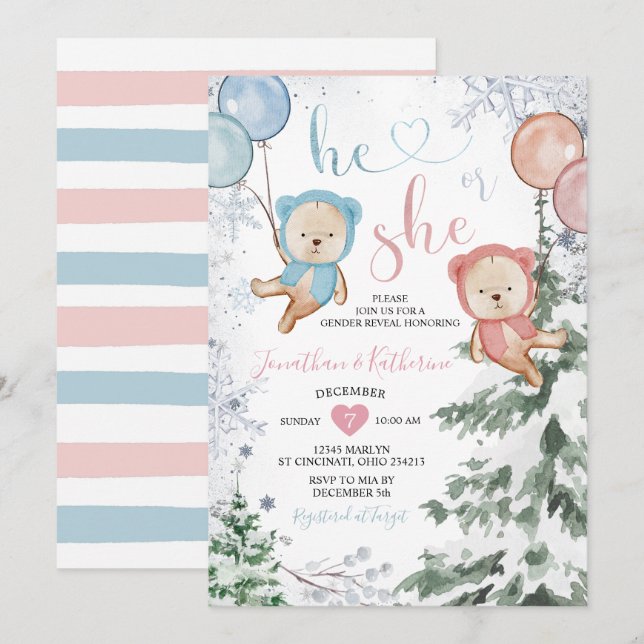 Winter Bear Gender Reveal He or She Snowflakes Invitation (Front/Back)