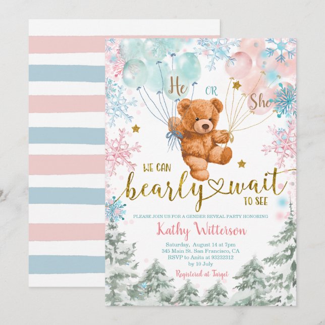 Winter Bear Gender Reveal Pink Blue Baby Shower In Invitation (Front/Back)