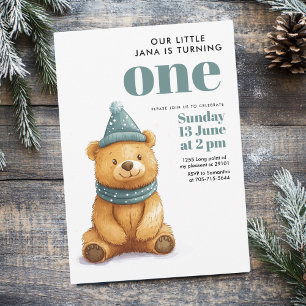 Winter Bear Green Birthday Party  Invitation
