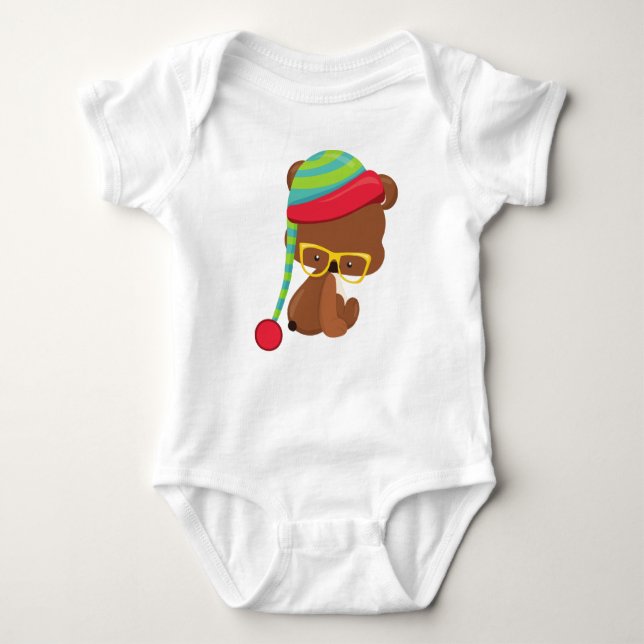 Winter Bear, Hipster Bear, Bear With Glasses, Hat Baby Bodysuit (Front)