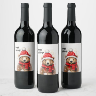 Winter Bear in a Cosy Red Hat  Wine Label