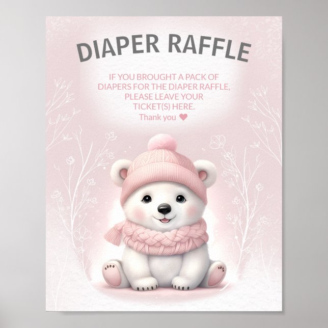 Winter Bear Pink Baby Shower Diaper Raffle Sign (Front)