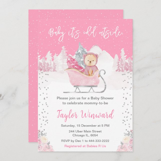 Winter Bear Pink Sleigh Baby Shower Invitation (Front/Back)
