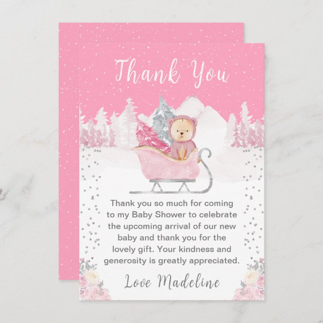 Winter Bear Pink Sleigh Baby Shower Thank You Card (Front/Back)