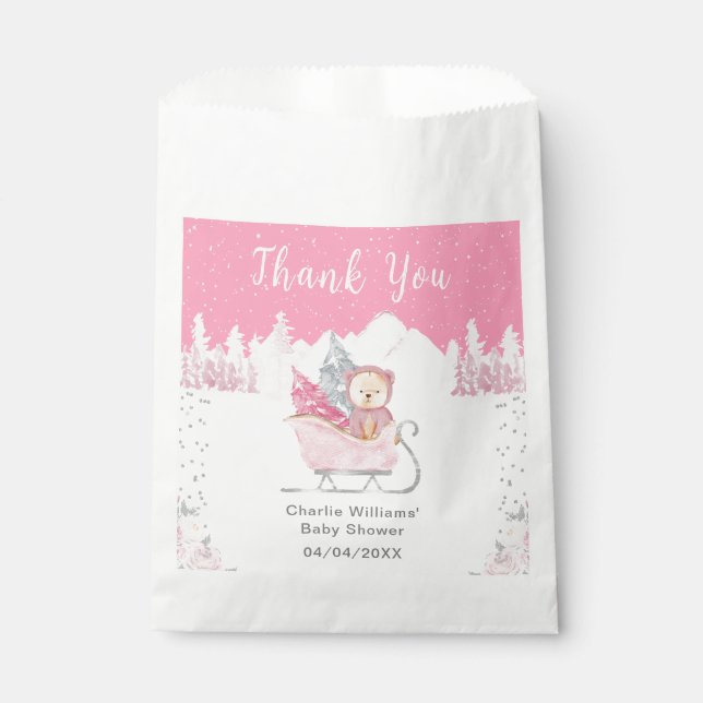 Winter Bear Pink Sleigh Baby Shower Thank You Favour Bag (Front)