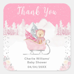 Winter Bear Pink Sleigh Baby Shower Thank You Square Sticker