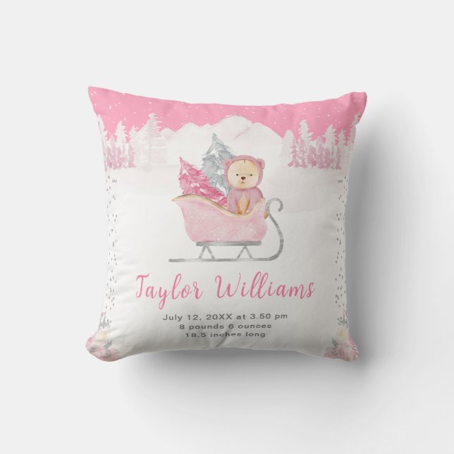 Winter Bear Pink Sleigh Birth Statistics Cushion (Front)