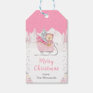 Winter Bear Pink Sleigh Merry Christmas Gift Tags