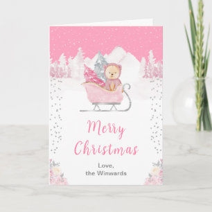 Winter Bear Pink Sleigh Merry Christmas Holiday Card