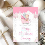 Winter Bear Pink Sleigh Merry Christmas Holiday Card<br><div class="desc">This cute and fun holiday card can be personalised with a name or title, such as mum, daughter, granddaughter, niece, friend etc. The design features an adorable bear in a pink sleigh surrounded by snow, mountains and pine trees. The text combines handwritten script and sans serif fonts for a stylish...</div>