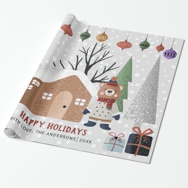 Winter bear, trees and house Christmas holiday Wrapping Paper (Unrolled)
