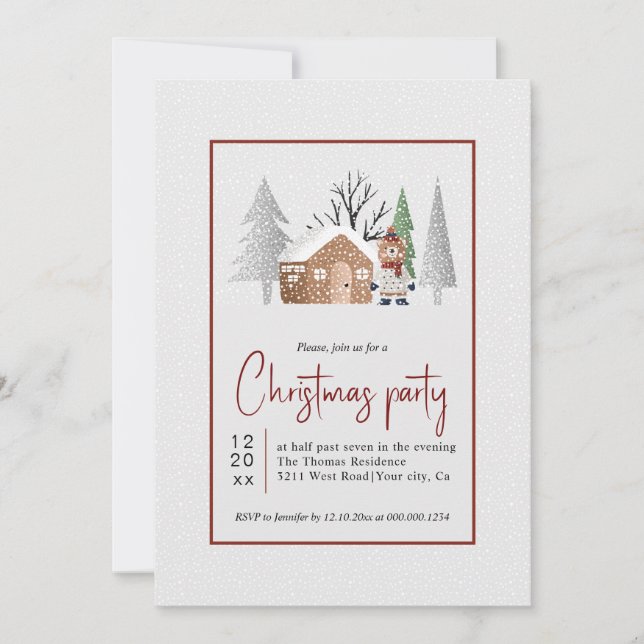 Winter bear, trees and snowfall Christmas party Invitation (Front)