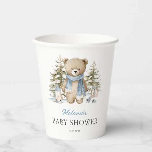 Winter Bear Watercolor Baby Shower Paper Cups (Front)