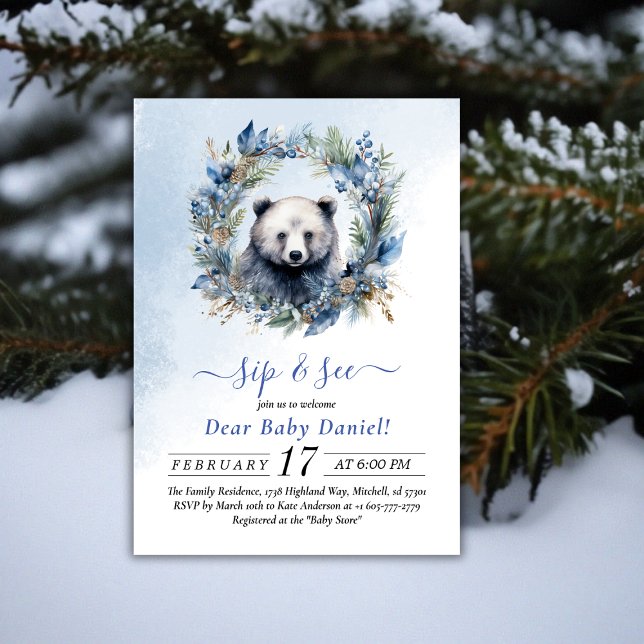 Winter Bear Watercolor Sip and See Invitation (Winter Bear Watercolor Sip and See Invitation)