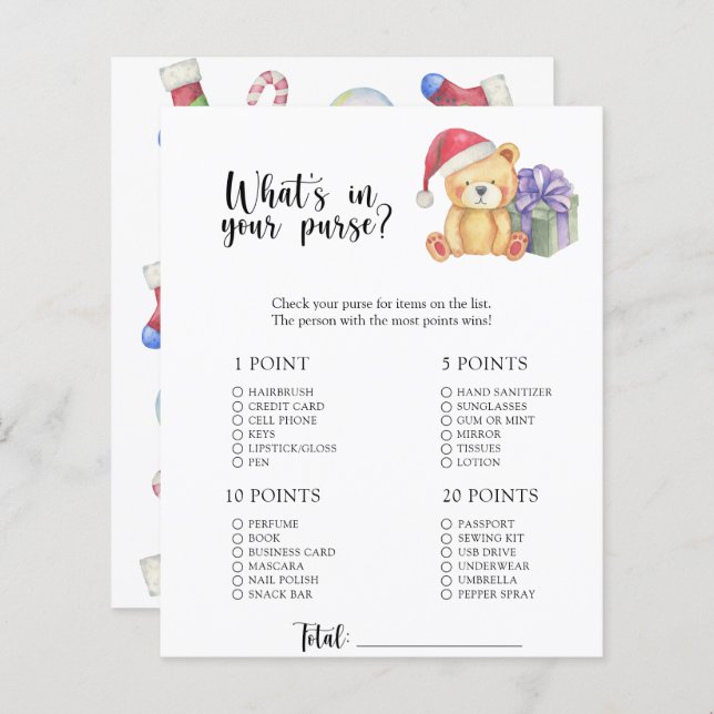 Winter bear - Whats in your purse baby shower game (Front/Back)