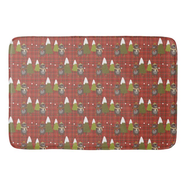 Winter Bear White Christmas Red Buffalo Plaid  Bath Mat (Front)