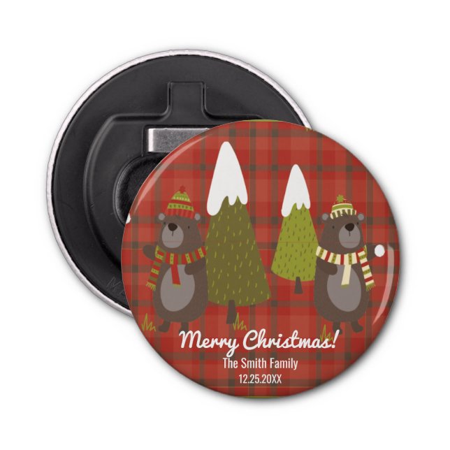 Winter Bear White Christmas Red Buffalo Plaid  Bottle Opener (Front)