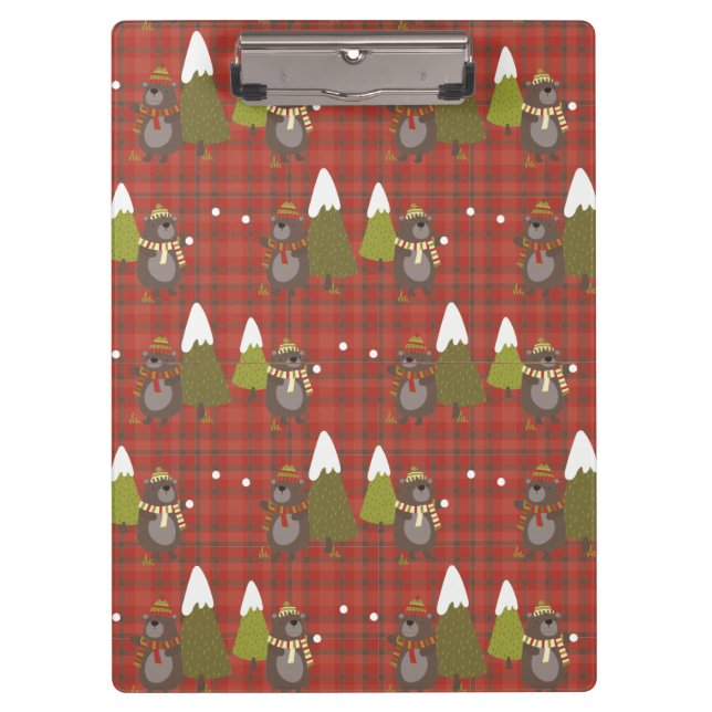 Winter Bear White Christmas Red Buffalo Plaid Clip Clipboard (Front)