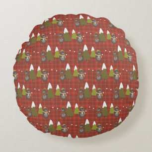 Winter Bear White Christmas Red Buffalo Plaid  Round Cushion