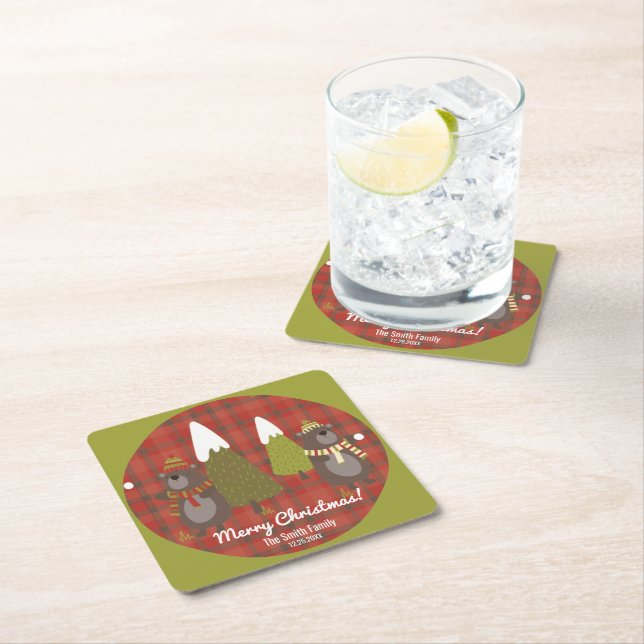 Winter Bear White Christmas Red Buffalo Plaid   Square Paper Coaster (Insitu)