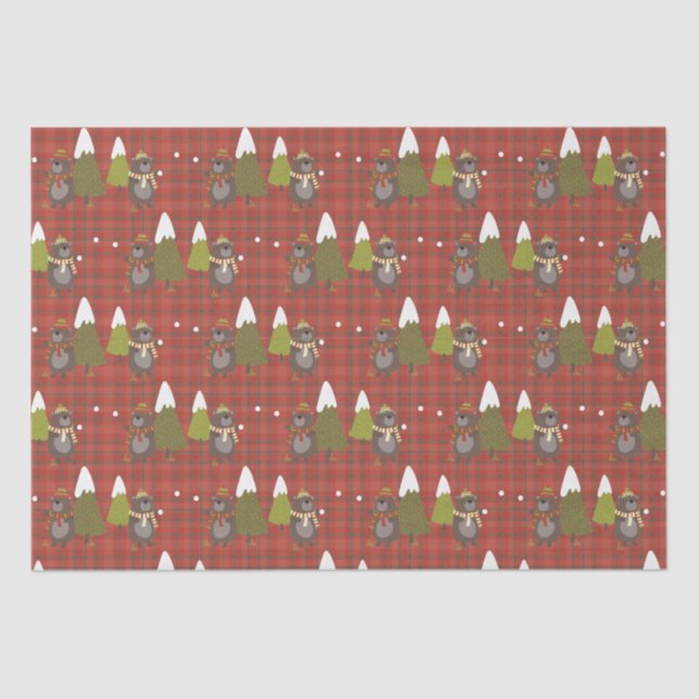 Winter Bear White Christmas Red Buffalo Plaid  Tissue Paper (Front)