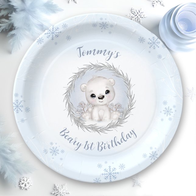 Winter Beary 1st Birthday Cute Blue Polar Bear Paper Plate (Winter Beary 1st Birthday Cute Blue Polar Bear Paper Plates)