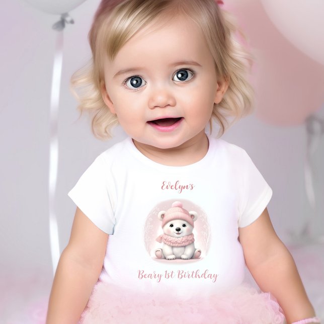 Winter Beary 1st Birthday Pink Polar Bear Girl Baby T-Shirt (Winter Beary 1st Birthday Pink Polar Bear Girl Baby T-Shirt)