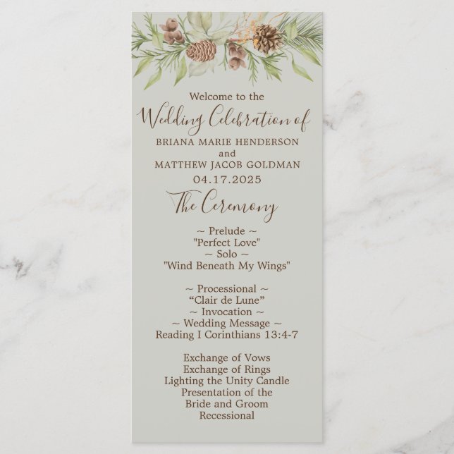 Winter Beige Elegant Script Wedding Program (Front)