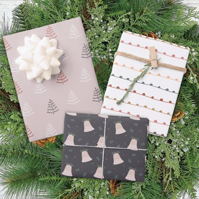 Winter Bells Trees Modern Pastel Christmas Wrapping Paper Sheet (Creator Uploaded)