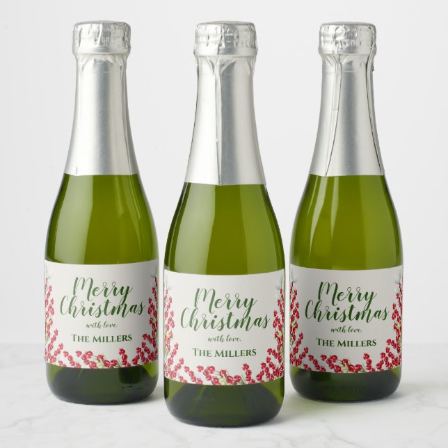 Winter Berries and Greens Christmas Mini Sparkling Wine Label (Bottles)